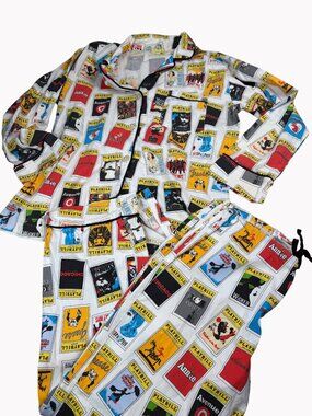 Broadway Playbill Pajama Set Size M Cotton Button Up Shirt Drawstring Pants 2PC